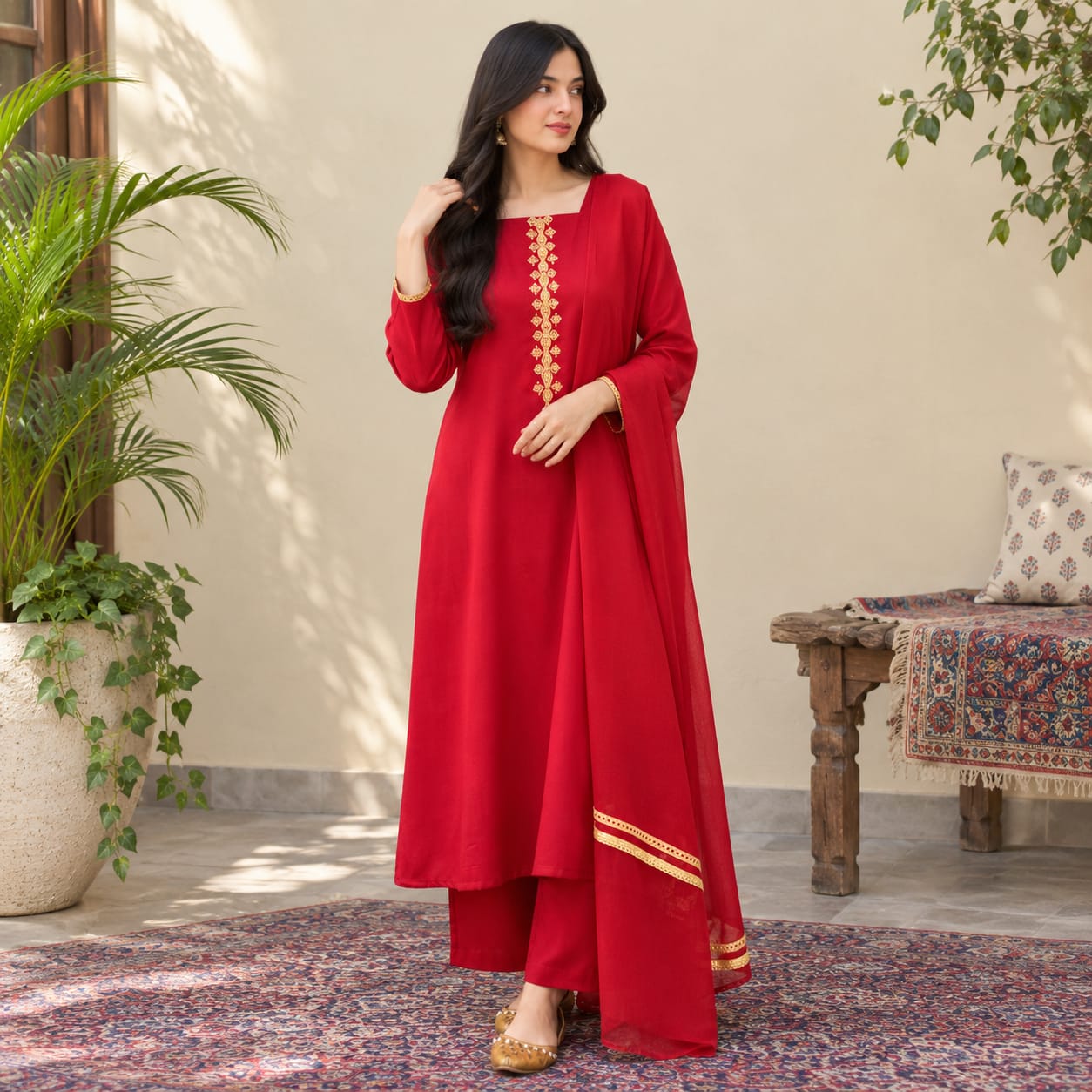 Gul-e-Noor Red 3-Piece Embroidered Suit | Dream Wear