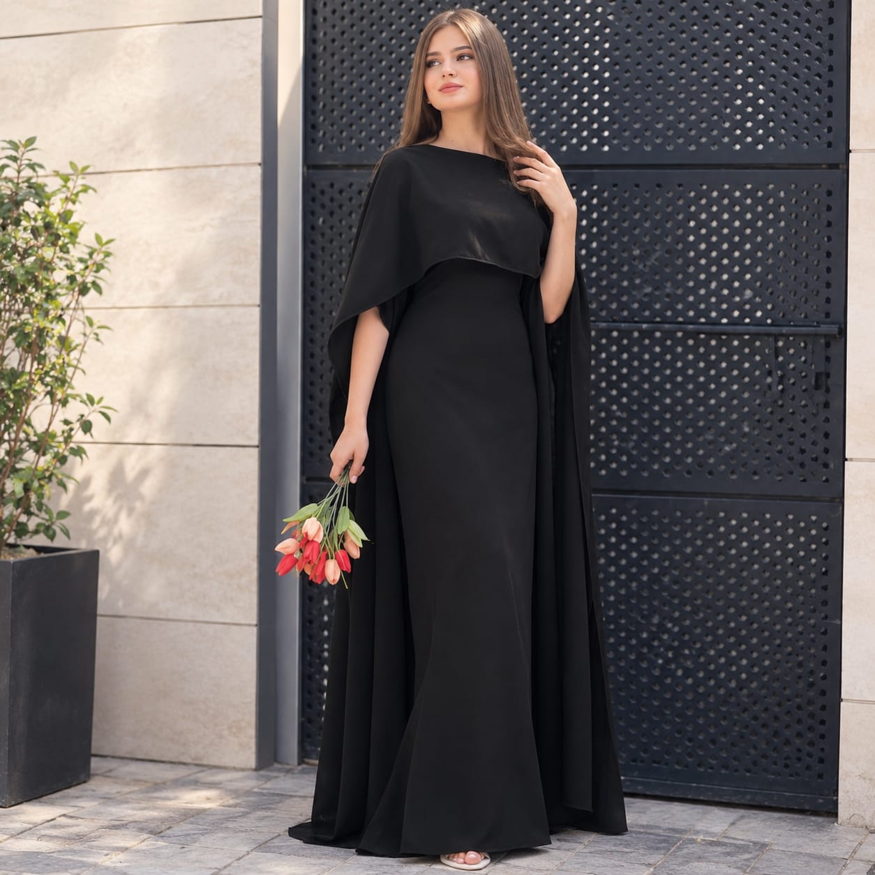 Elara Luxe Cape Maxi Dress for Women – Elegant Evening Wear