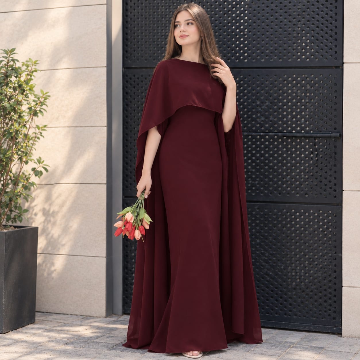 Elara Luxe Cape Maxi Dress for Women – Elegant Evening Wear