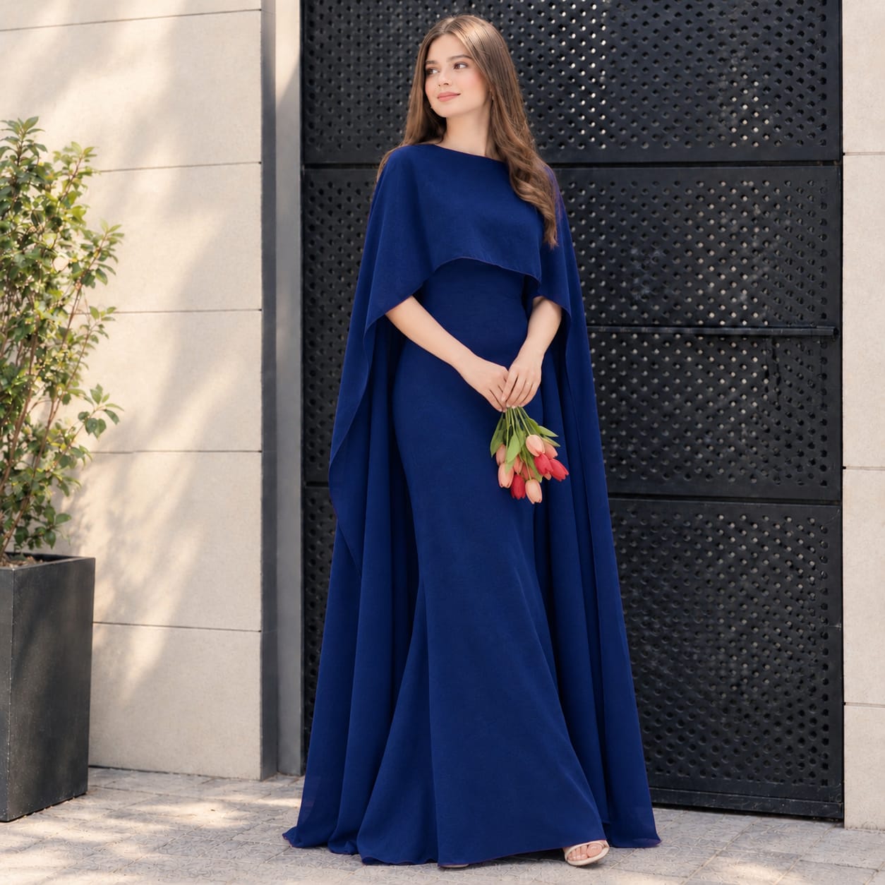 Elara Luxe Cape Maxi Dress for Women – Elegant Evening Wear