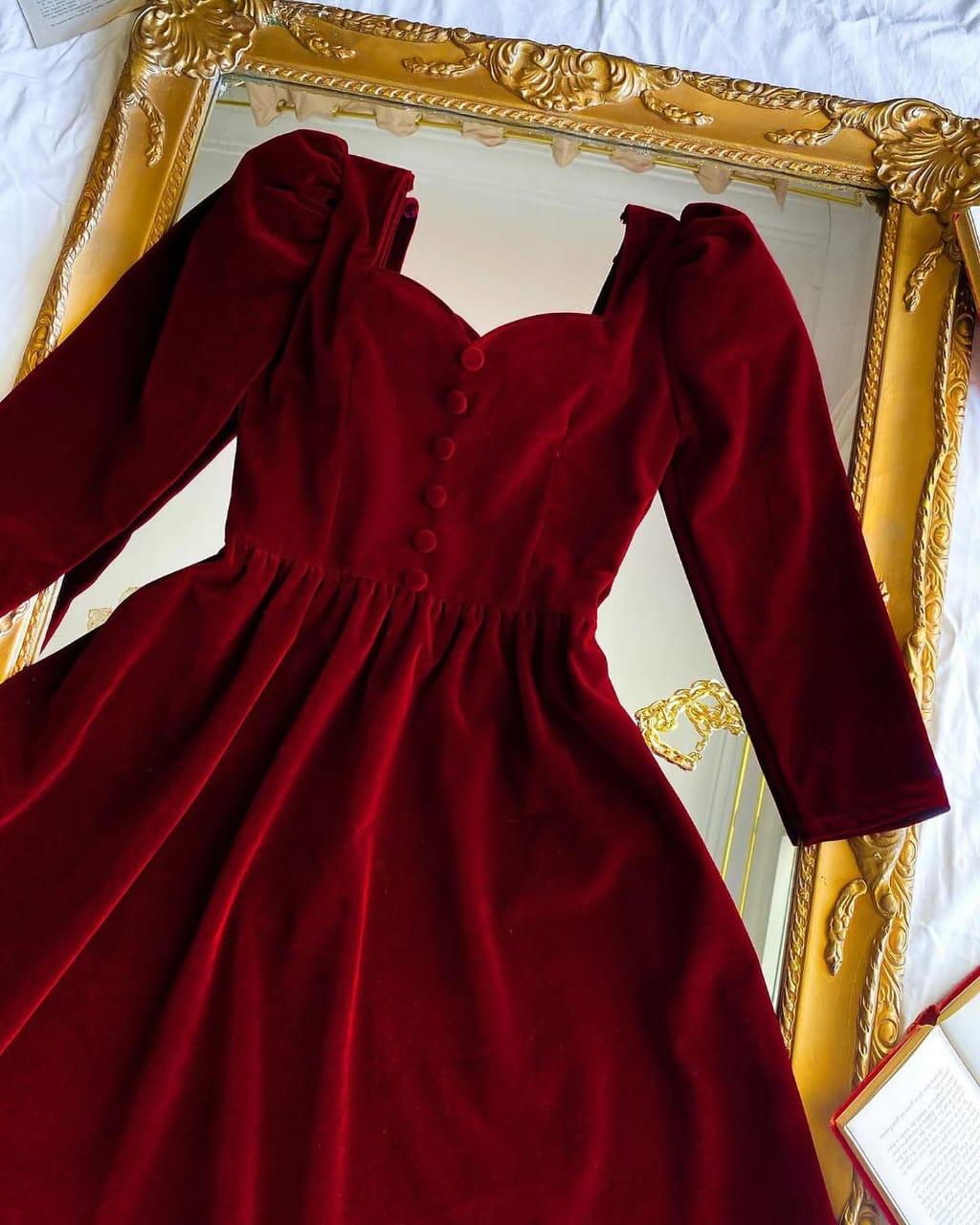Velvet Royale –Puff Sleeve Button-Down Flared Dress