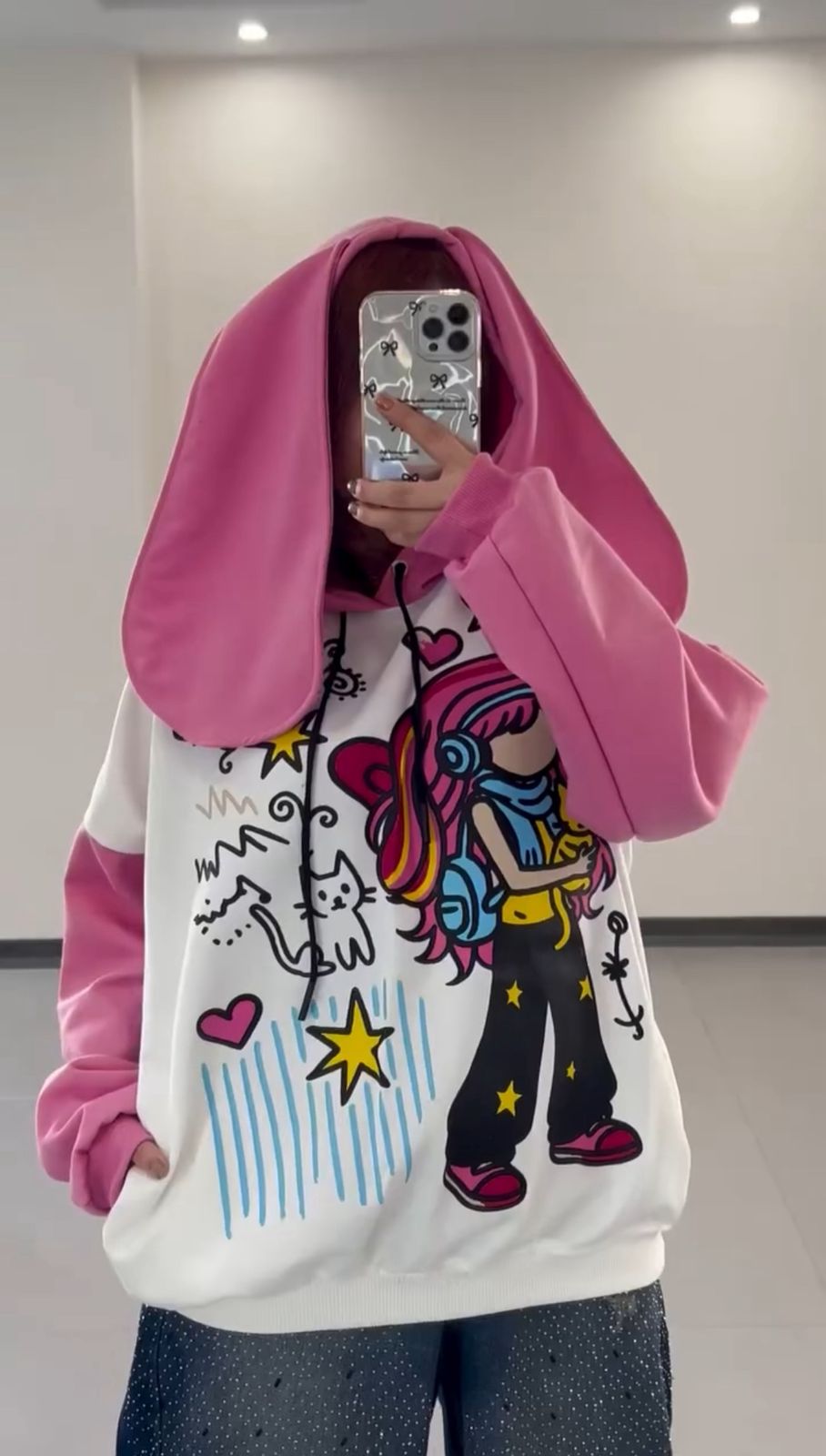 Pink Pop bunnystyle Oversized Graphic Hoodie with Wide-Leg Denim
