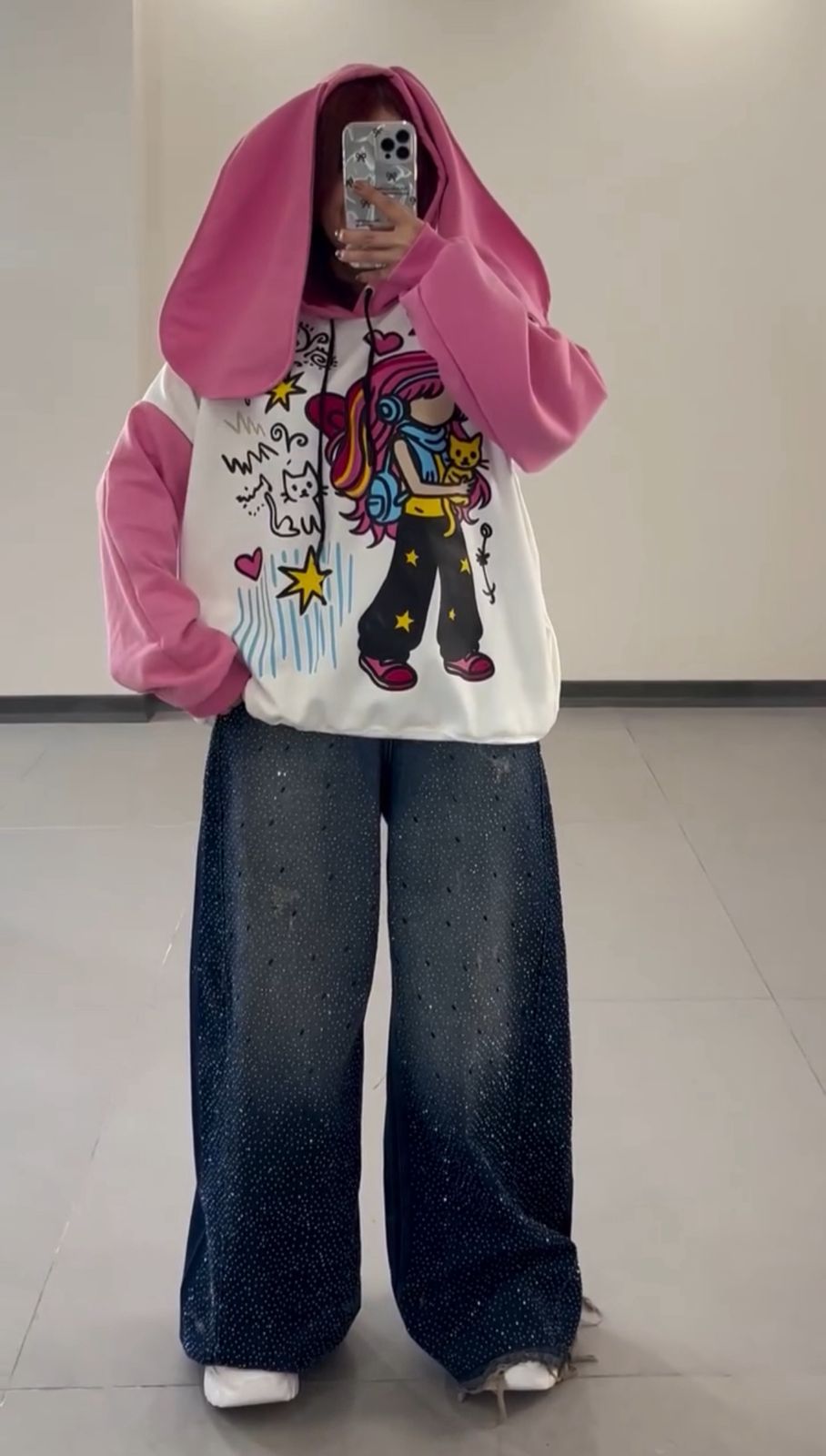 Pink Pop bunnystyle Oversized Graphic Hoodie with Wide-Leg Denim