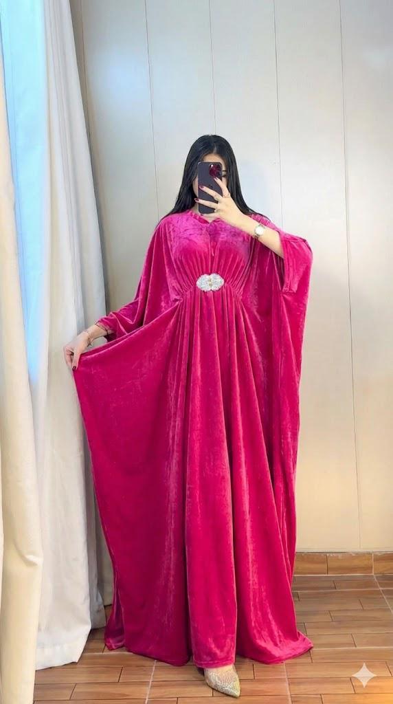 Elegant Pleated Kaftan Maxi Dress with Silver Floral Brooch
