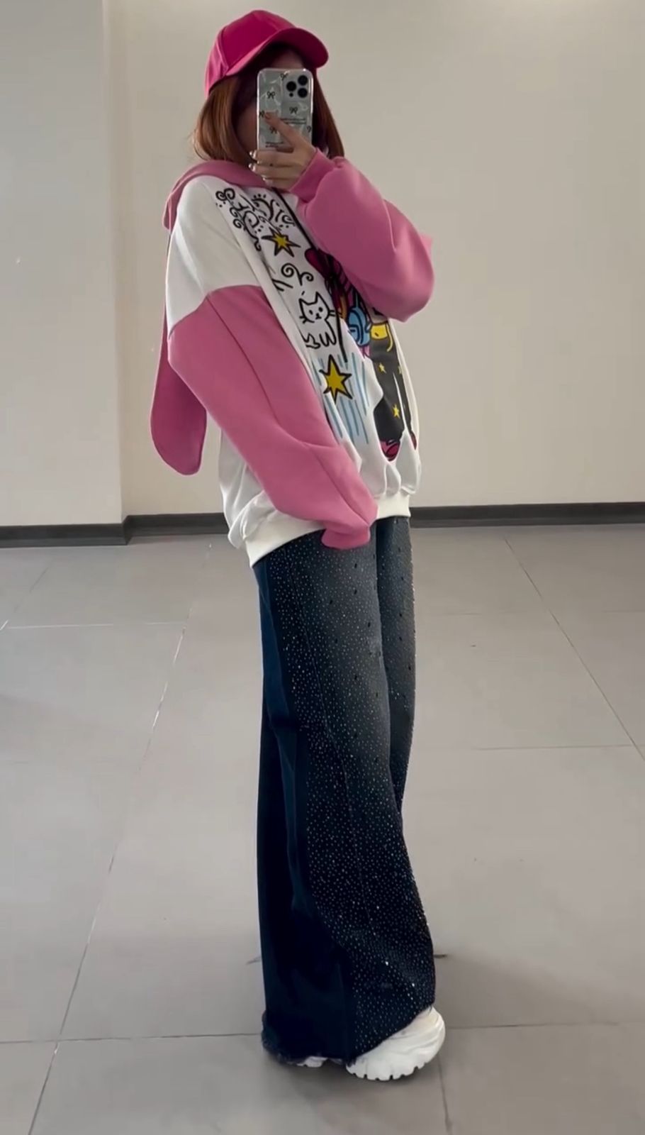 Pink Pop bunnystyle Oversized Graphic Hoodie with Wide-Leg Denim