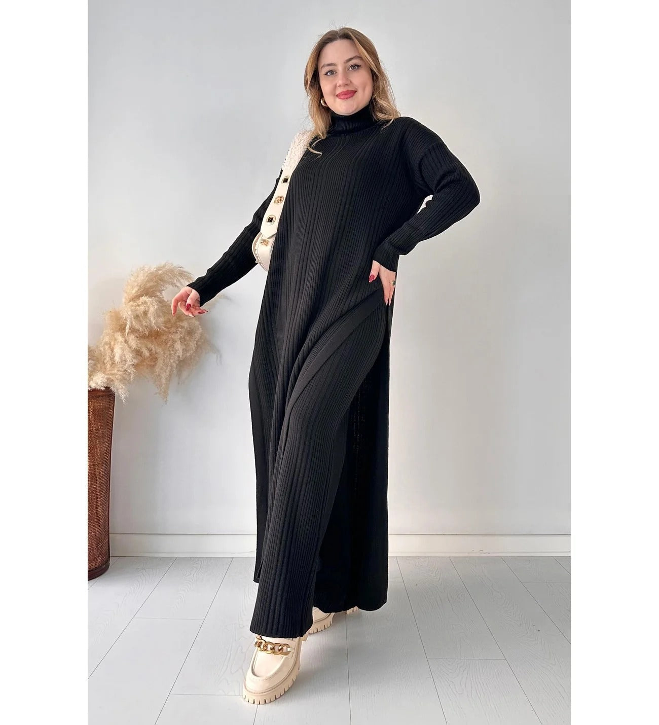 High-Neck Ribbed Maxi Dress with Side Slit & Statement Strap Detail