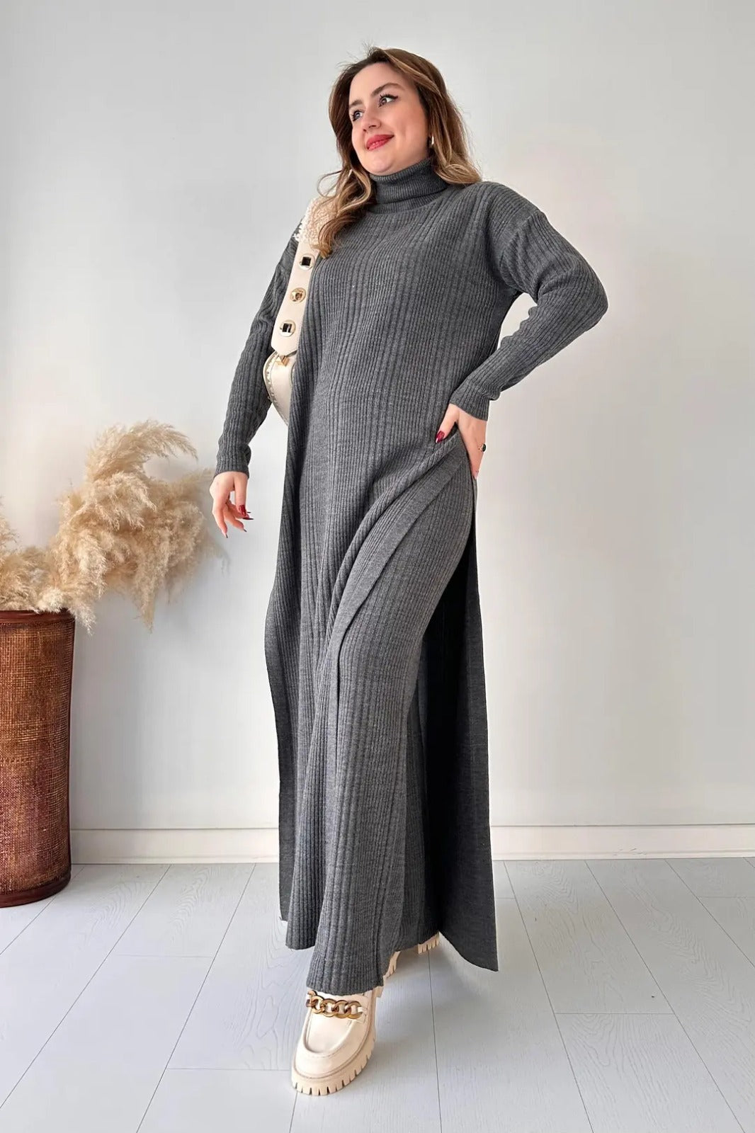 High-Neck Ribbed Maxi Dress with Side Slit & Statement Strap Detail