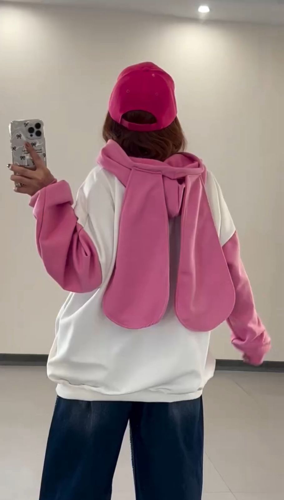 Pink Pop bunnystyle Oversized Graphic Hoodie with Wide-Leg Denim