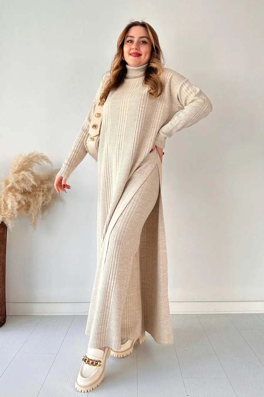 High-Neck Ribbed Maxi Dress with Side Slit & Statement Strap Detail