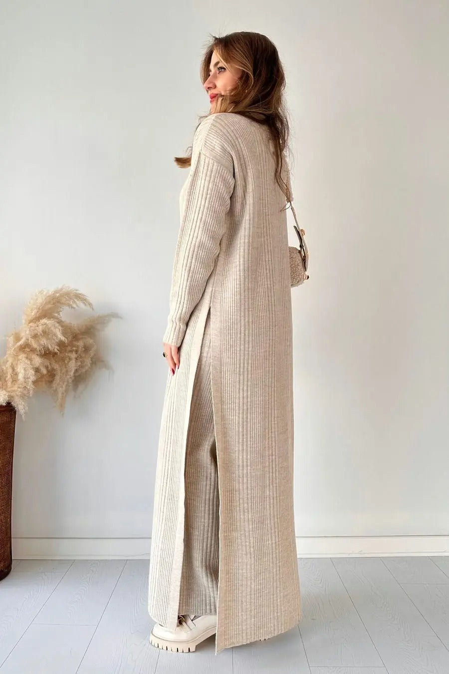 High-Neck Ribbed Maxi Dress with Side Slit & Statement Strap Detail