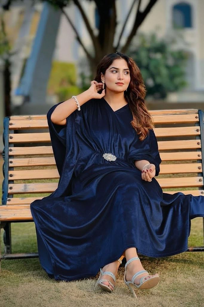 Elegant Pleated Kaftan Maxi Dress with Silver Floral Brooch