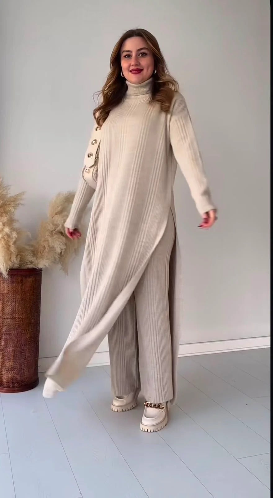 High-Neck Ribbed Maxi Dress with Side Slit & Statement Strap Detail