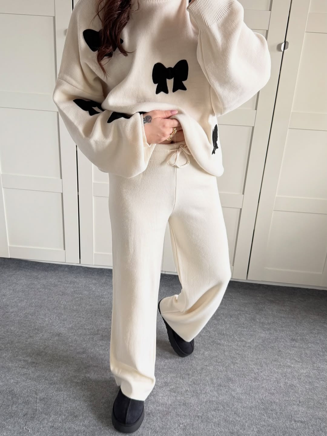Ivory Bow Embellished Premium Knit Co-Ord Set
