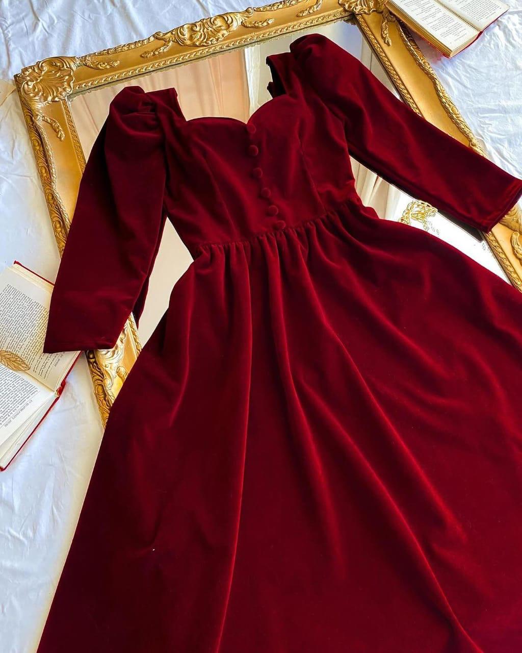 Velvet Royale –Puff Sleeve Button-Down Flared Dress