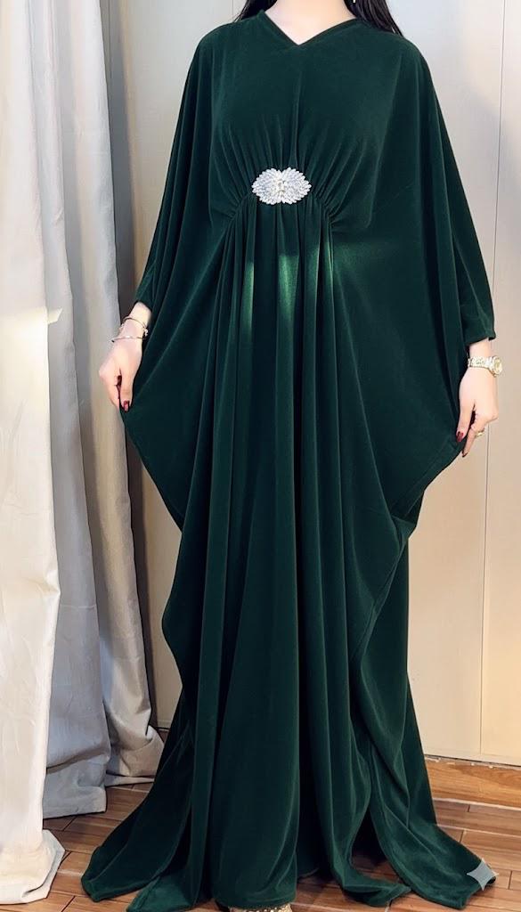 Elegant Pleated Kaftan Maxi Dress with Silver Floral Brooch