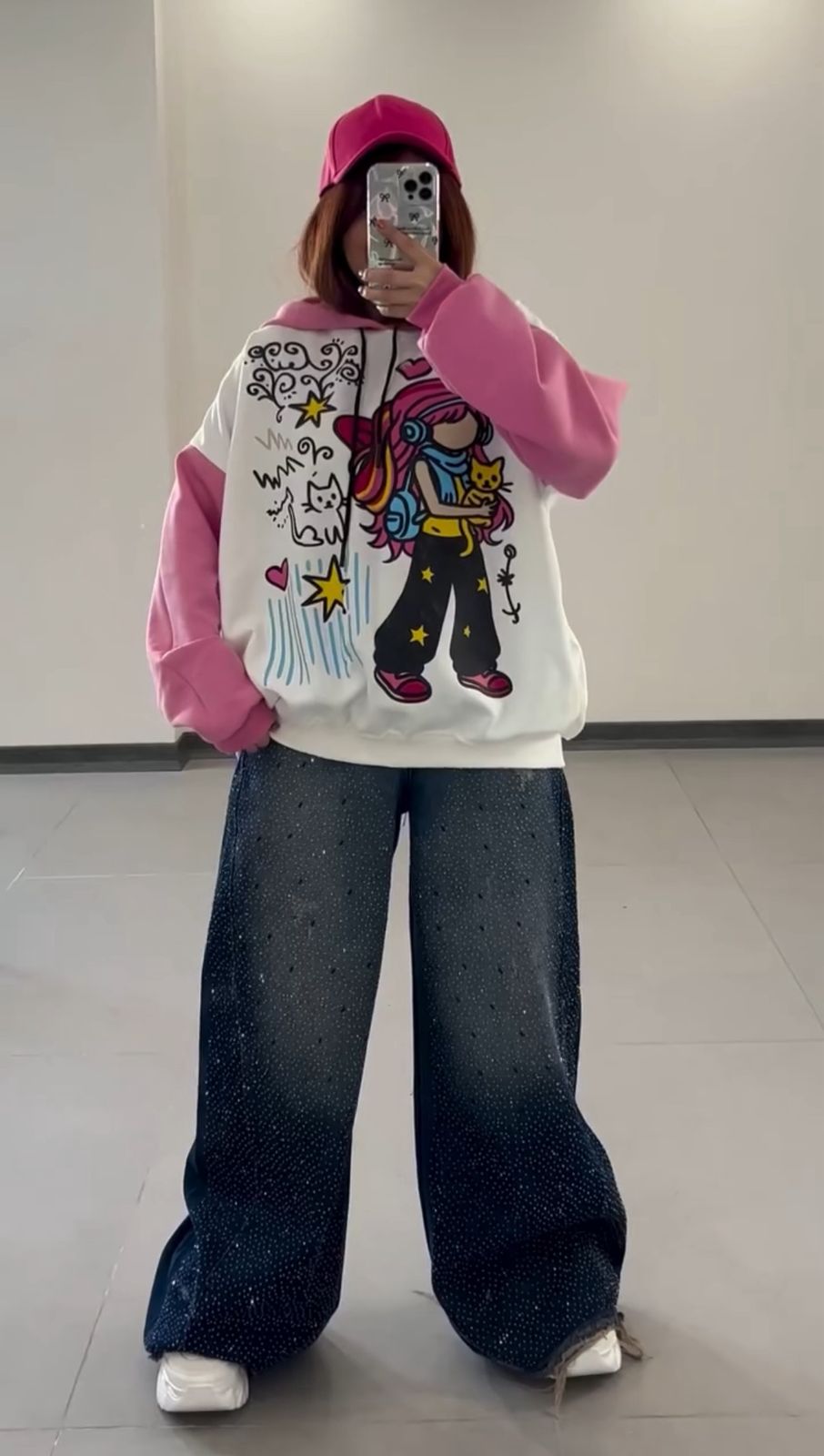 Pink Pop bunnystyle Oversized Graphic Hoodie with Wide-Leg Denim