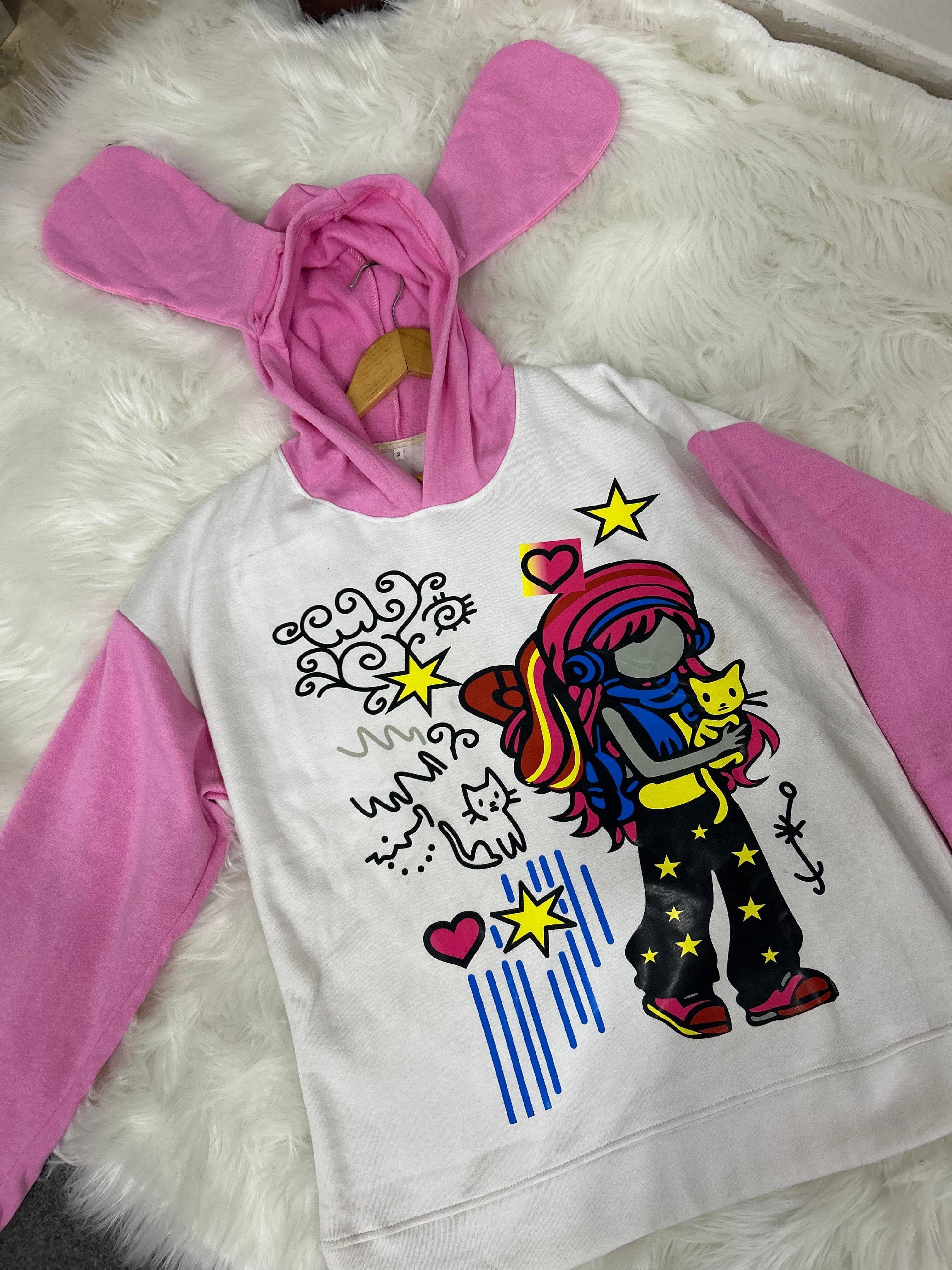 Pink Pop bunnystyle Oversized Graphic Hoodie with Wide-Leg Denim