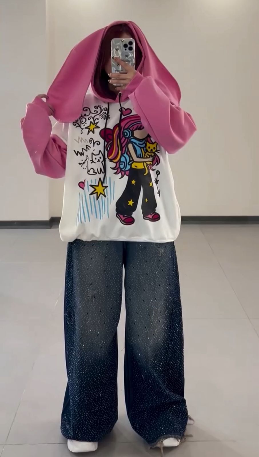 Pink Pop bunnystyle Oversized Graphic Hoodie with Wide-Leg Denim