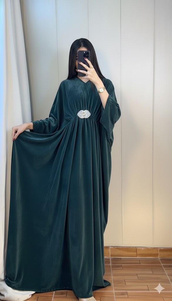 Elegant Pleated Kaftan Maxi Dress with Silver Floral Brooch