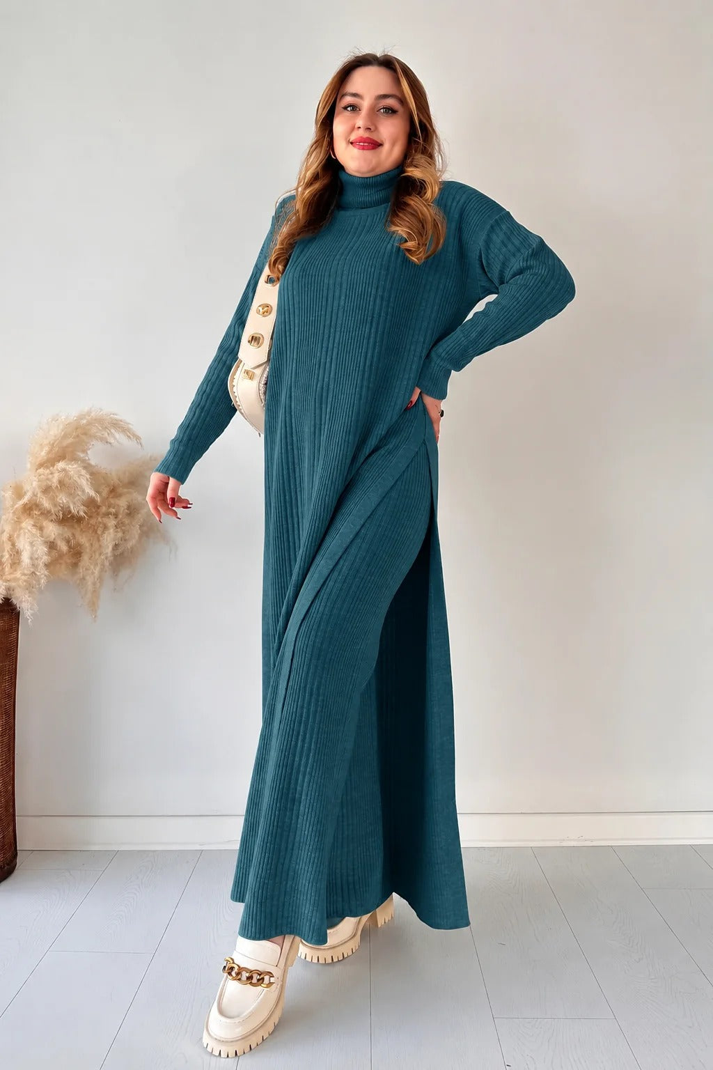 High-Neck Ribbed Maxi Dress with Side Slit & Statement Strap Detail