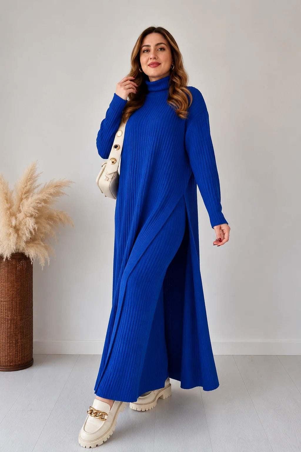 High-Neck Ribbed Maxi Dress with Side Slit & Statement Strap Detail
