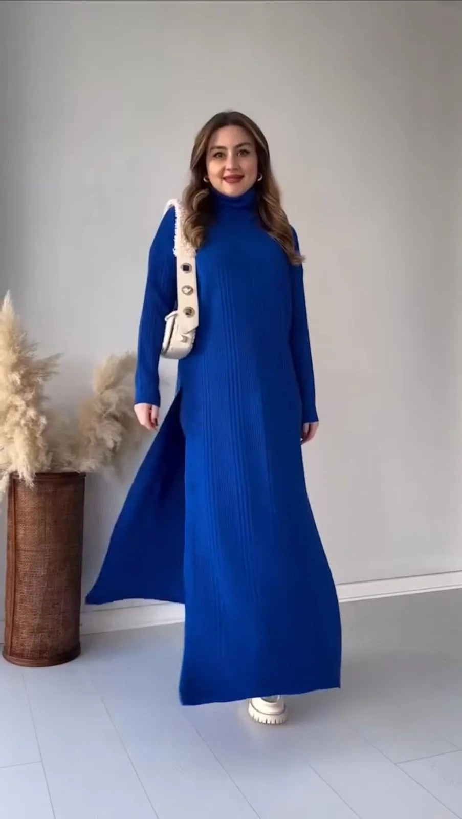 High-Neck Ribbed Maxi Dress with Side Slit & Statement Strap Detail
